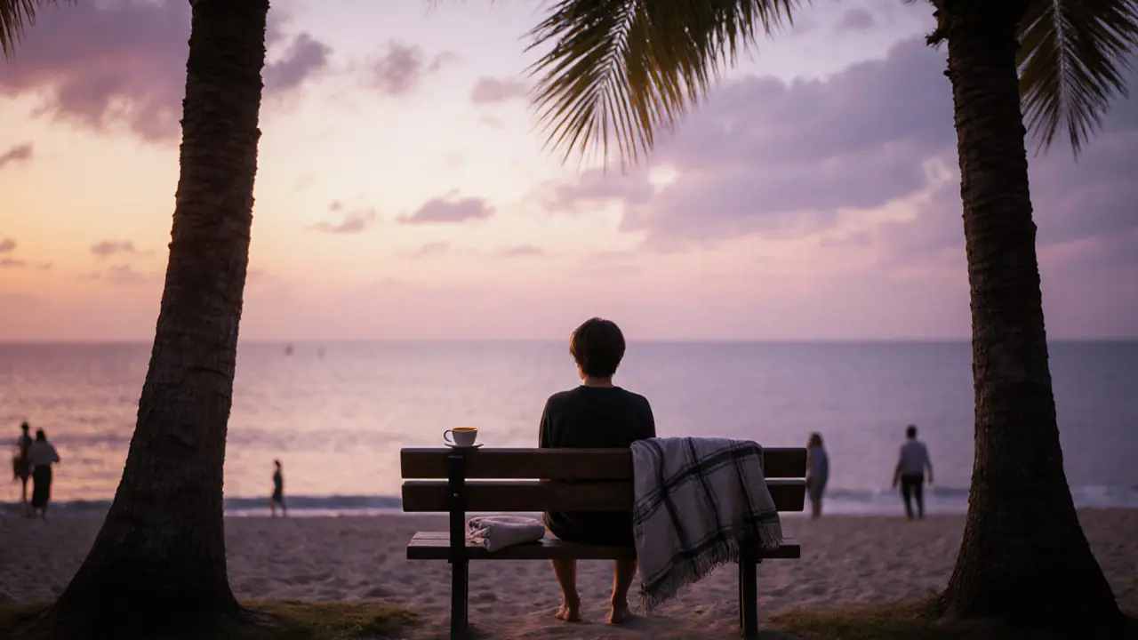 A lone figure on a beach bench at La Mer, gazing at the horizon as the sun sets over calm waters.