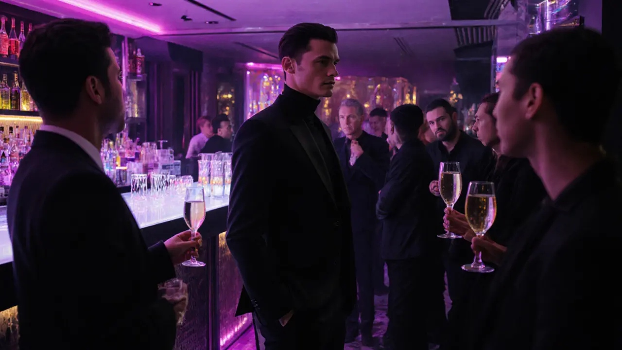 A male model in black attire in a neon-lit Dubai lounge, guests frozen in awe.