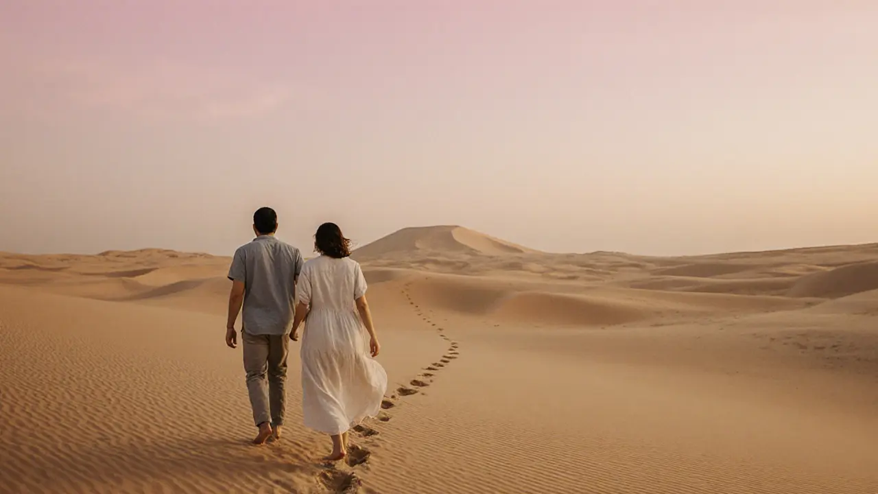 A man and woman walking peacefully through the desert at sunrise, leaving a trail of footprints in the sand.