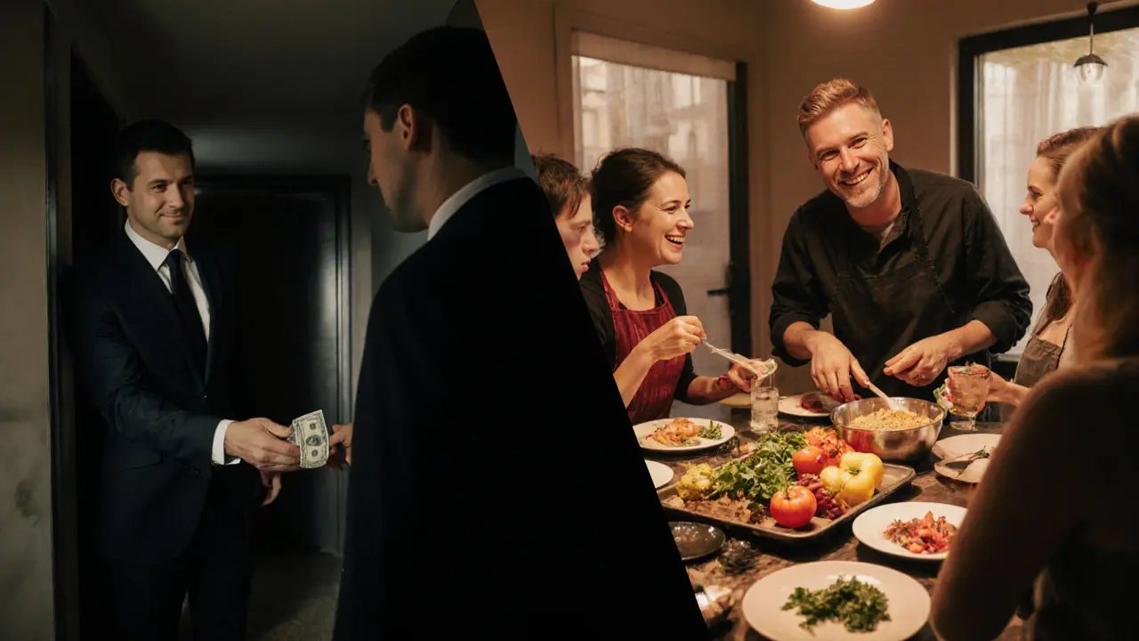 A man faces a choice: handing cash in a dark hallway versus smiling in a vibrant cooking class, symbolizing risk versus real connection.