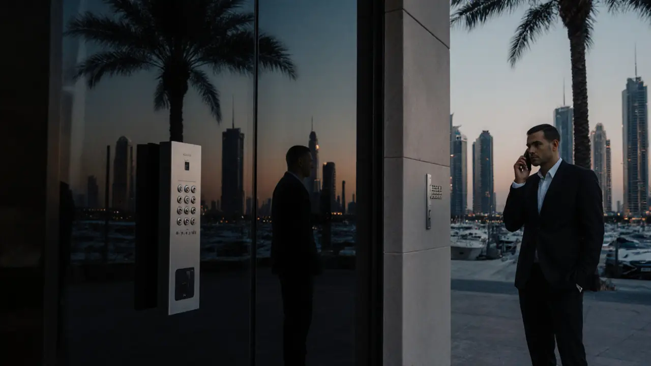 A man hesitates at a discreet glass door with a keypad in Dubai Marina, surrounded by luxury buildings at dusk.