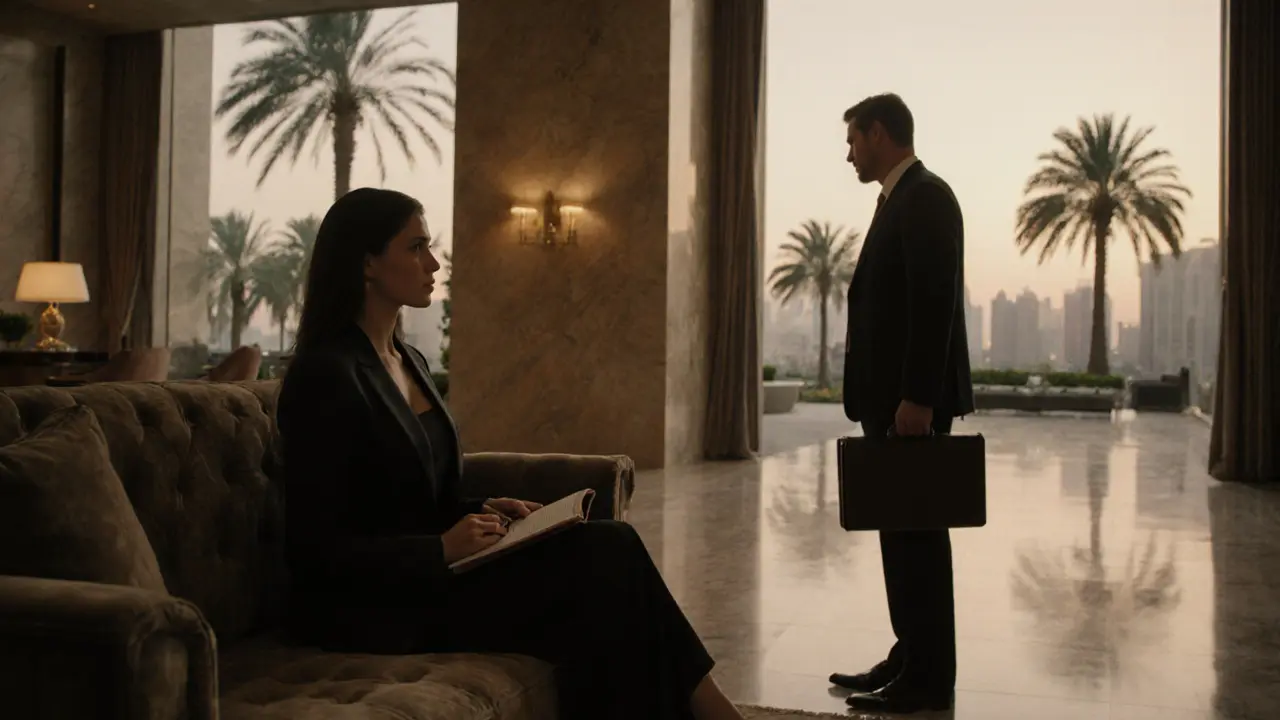 A professional female companion waiting calmly in a luxury hotel lobby, dressed elegantly, beside a client.