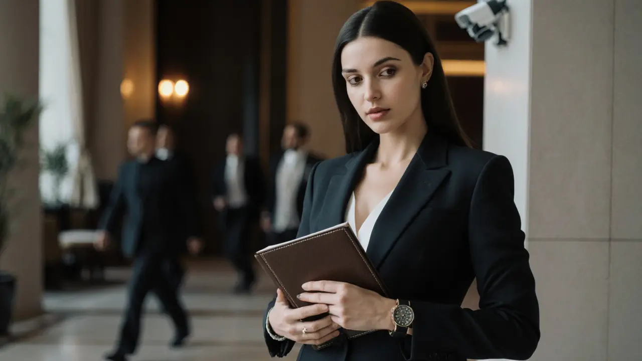 A professional woman in a suit standing calmly in a luxury hotel lobby, exuding discretion and poise.