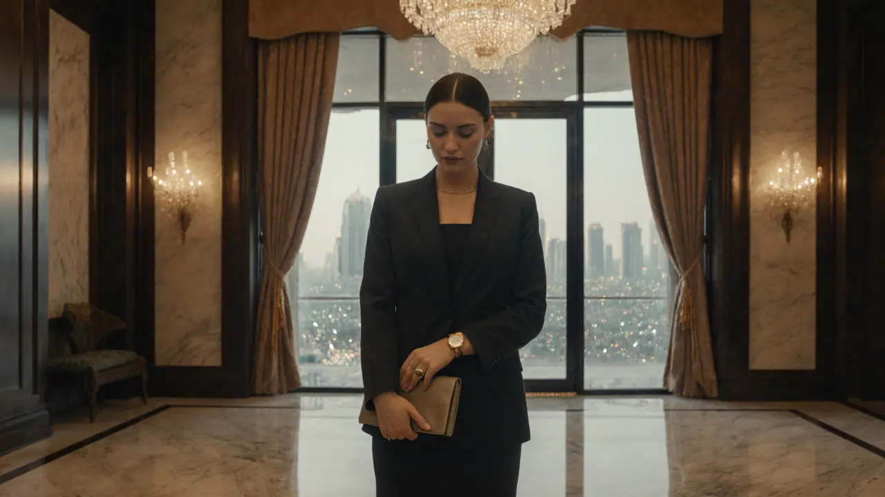 A professional woman waiting calmly in a luxury hotel lobby.