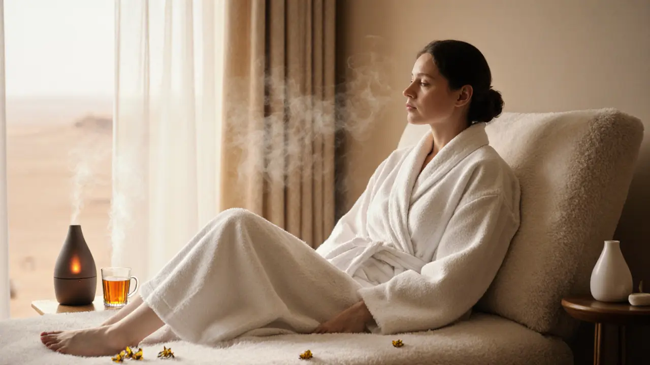 A relaxed guest sitting quietly after a massage, wrapped in a robe, sipping tea as golden light fills the spa suite.