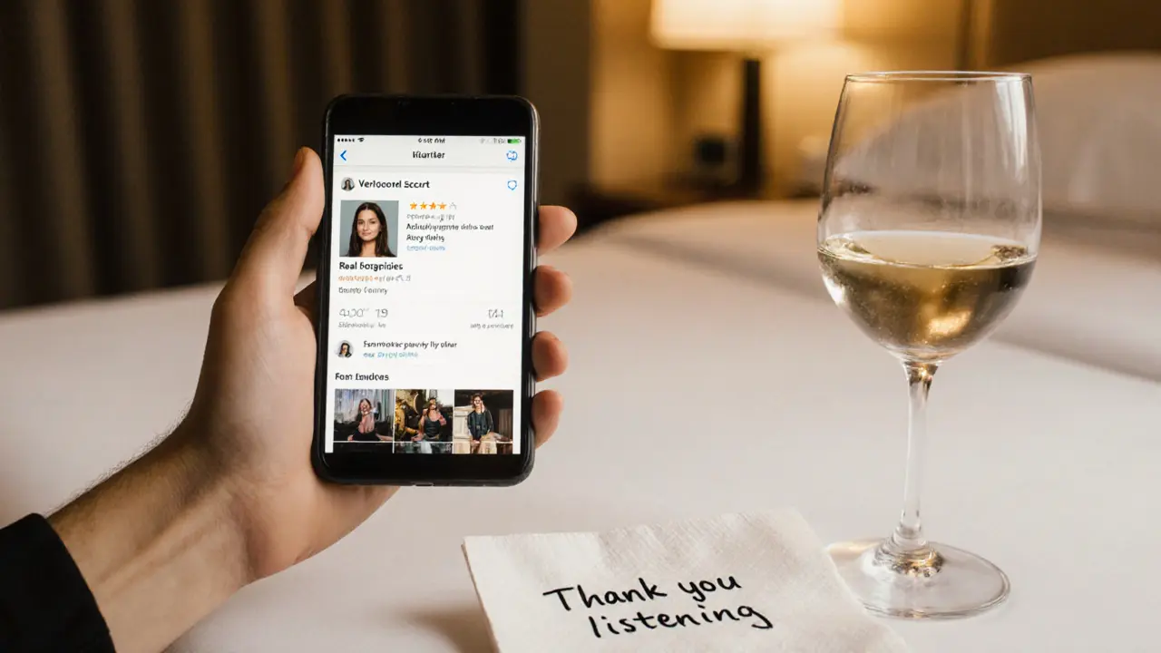 A smartphone showing a verified profile beside a glass of wine and a handwritten note in a hotel room.