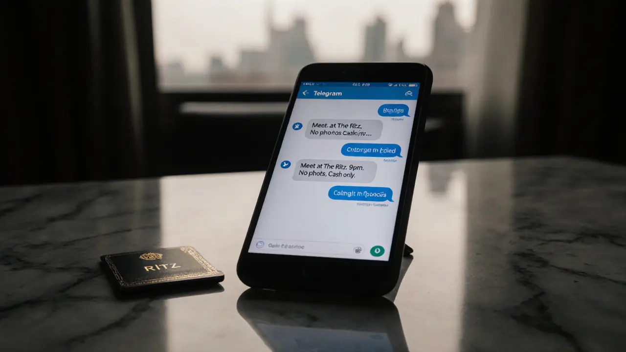 A smartphone showing an encrypted chat with discreet meeting instructions, resting on a hotel room countertop.