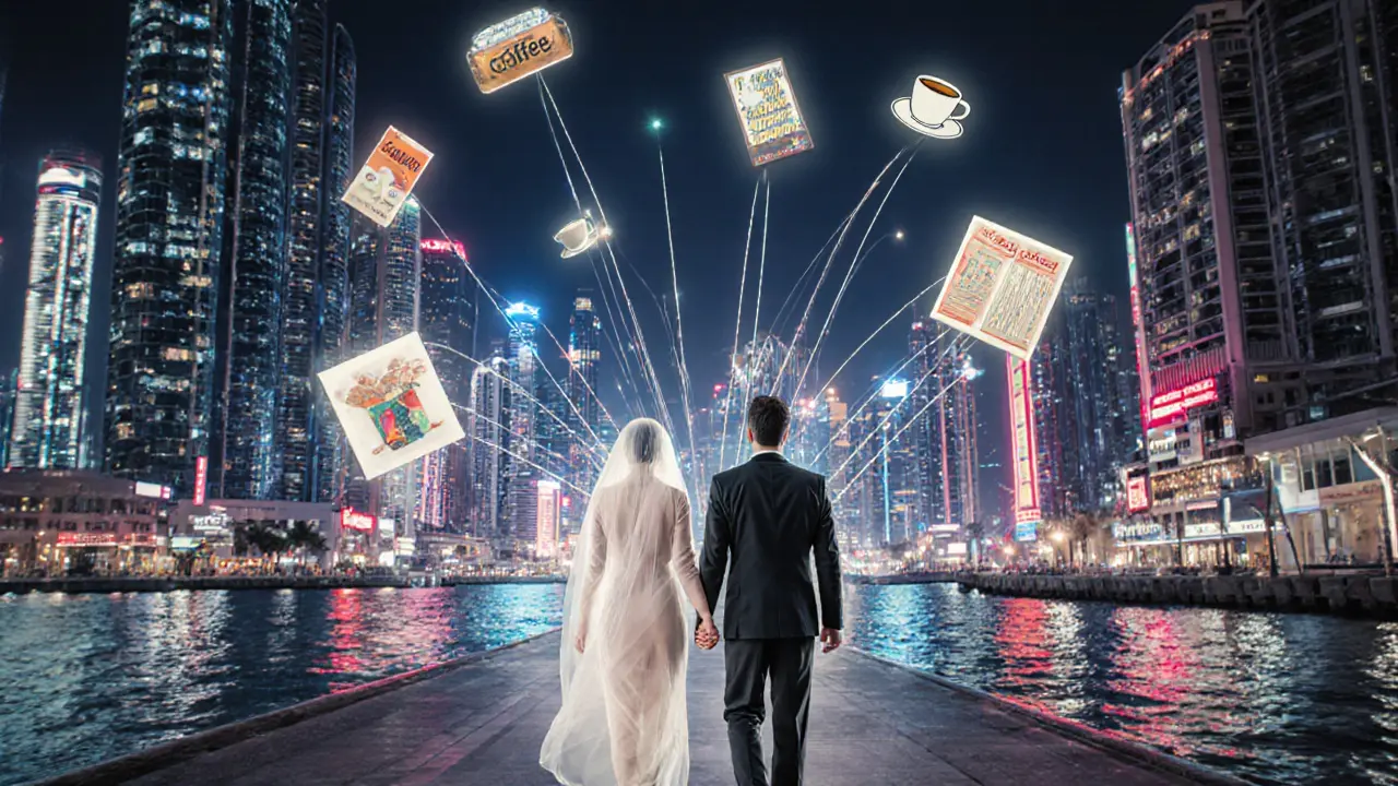 A solitary businessman walking through neon-lit Dubai Marina, accompanied by a translucent figure representing companionship and connection.