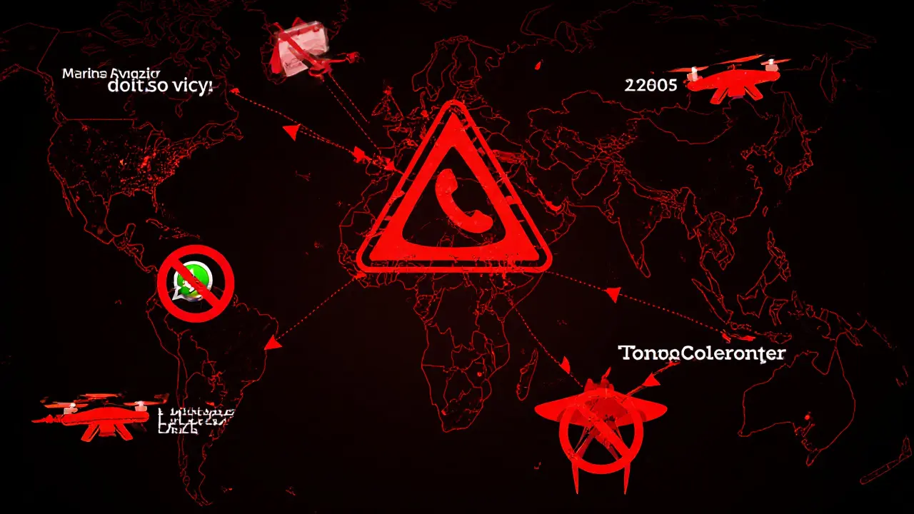 A symbolic digital map of Dubai covered in warning signs and blocked WhatsApp connections.