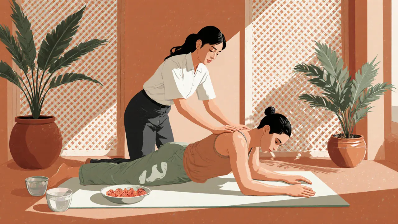 A Thai massage therapist gently stretching a client in loose clothing, surrounded by traditional decor and sunlight.