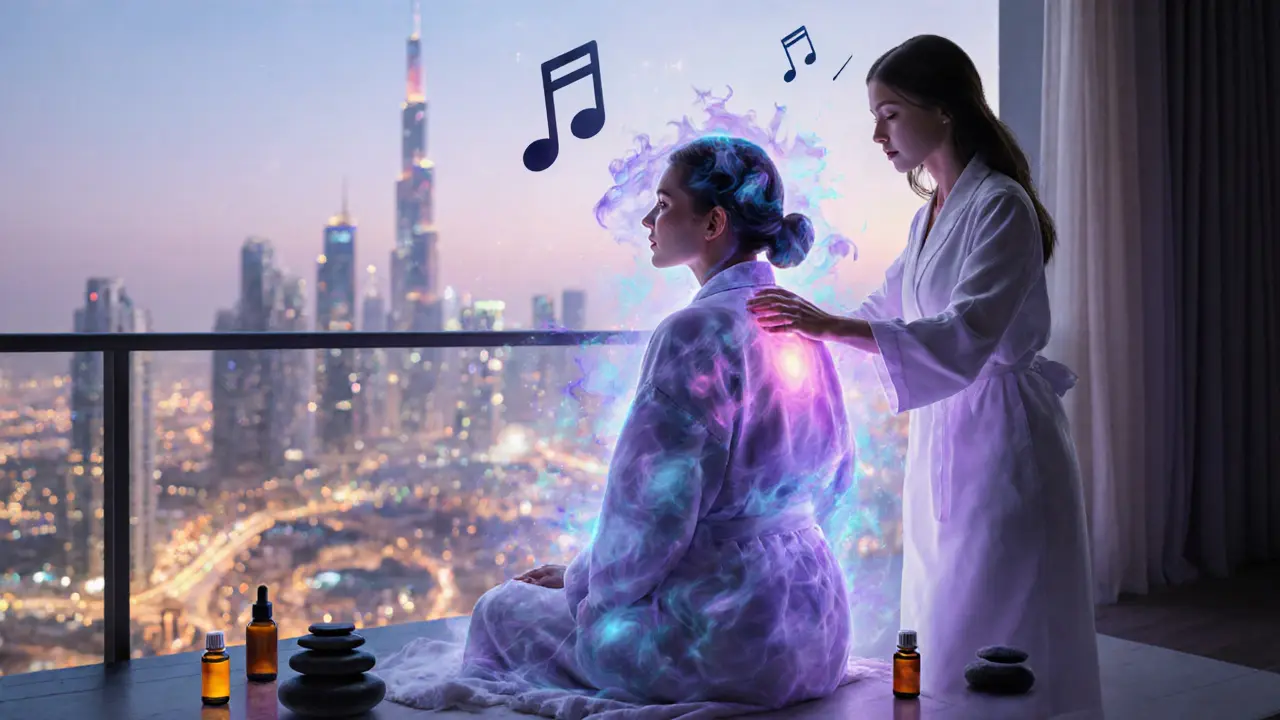 A woman on her balcony feels stress melt away as lavender mist rises from her body, symbolizing deep relaxation.