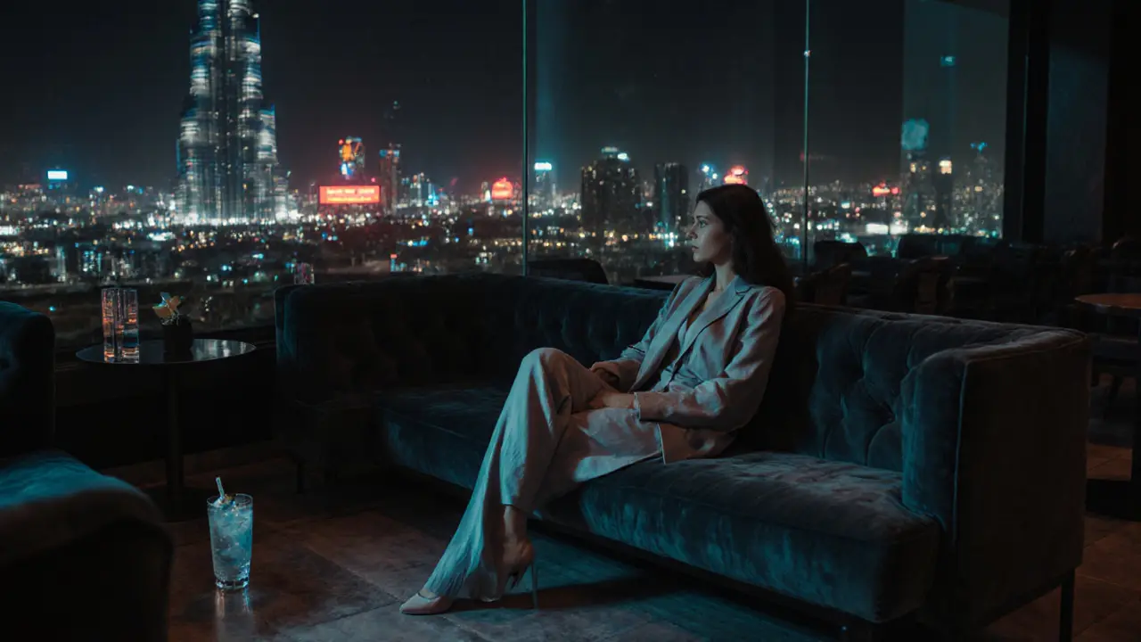 A woman sits alone on a rooftop lounge overlooking the Burj Khalifa, soft lights reflecting off stone floors.