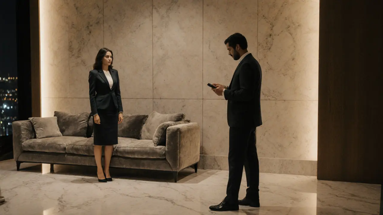 A woman waiting calmly in a luxury hotel lobby as a man approaches, both dressed neatly in evening attire.