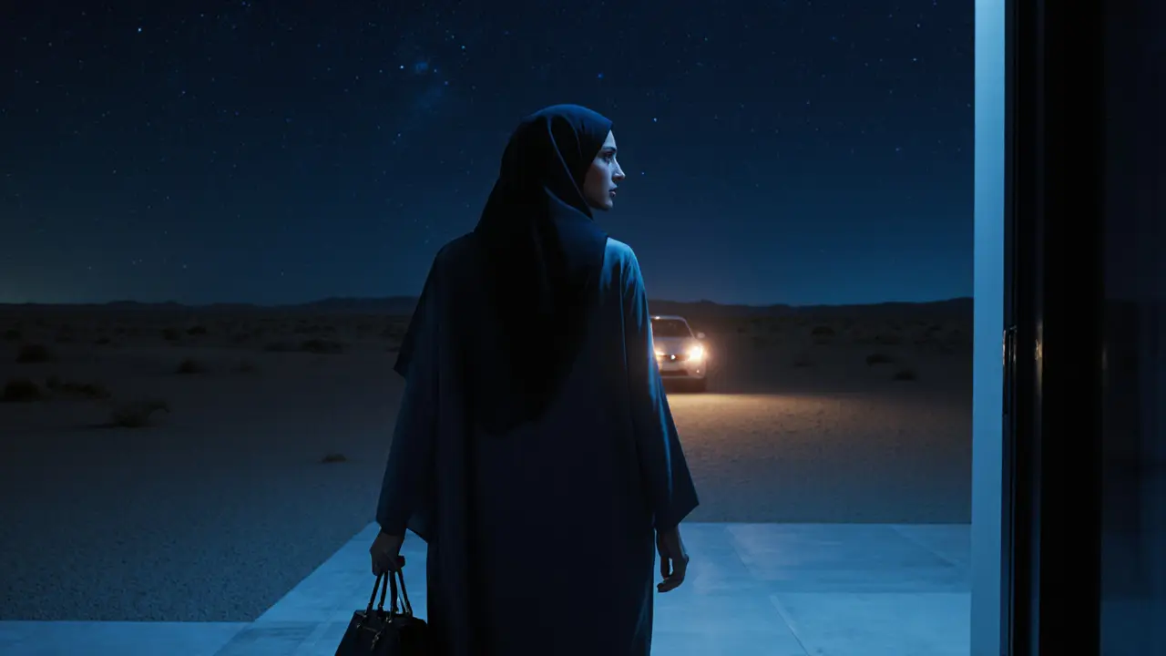 A woman walking away from a private villa in Dubai under a starry desert sky.