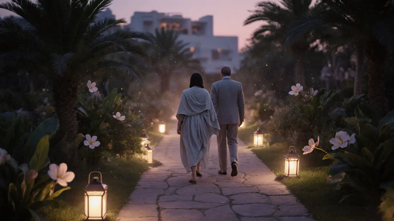 A woman walks a garden path at dusk with a guest, lantern light casting gentle glow among tropical trees.