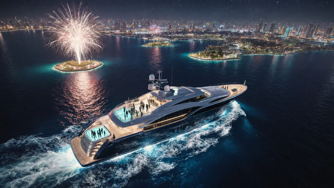 Aerial view of a superyacht at night with fireworks, city lights, and glowing water trails.