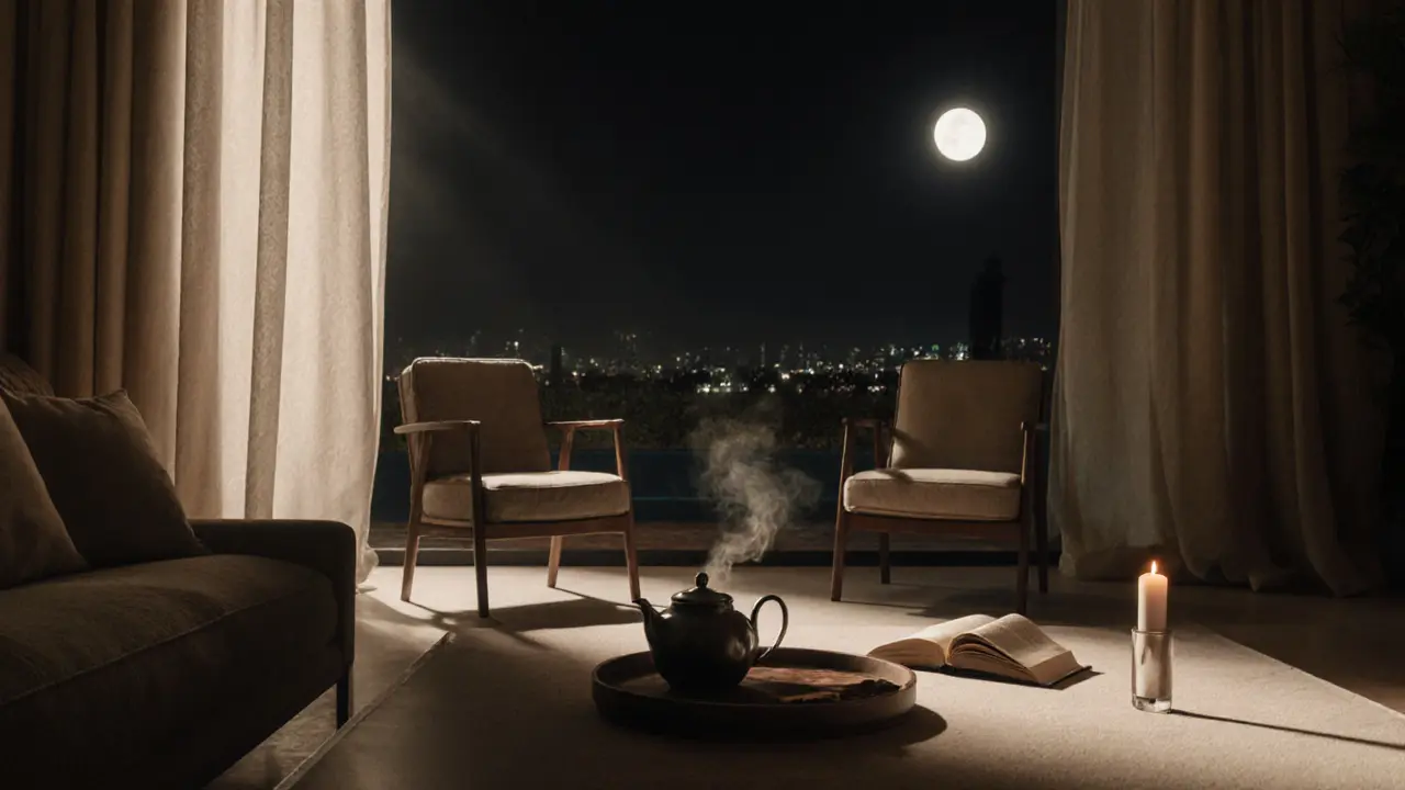 An empty, softly lit private lounge with a teapot and book, suggesting a recent quiet conversation.