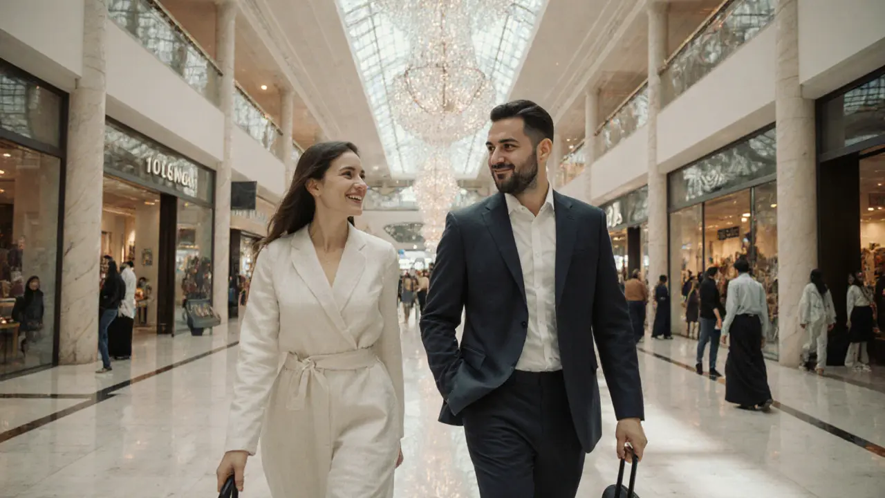 An executive companion guiding a traveler through the luxurious Dubai Mall.