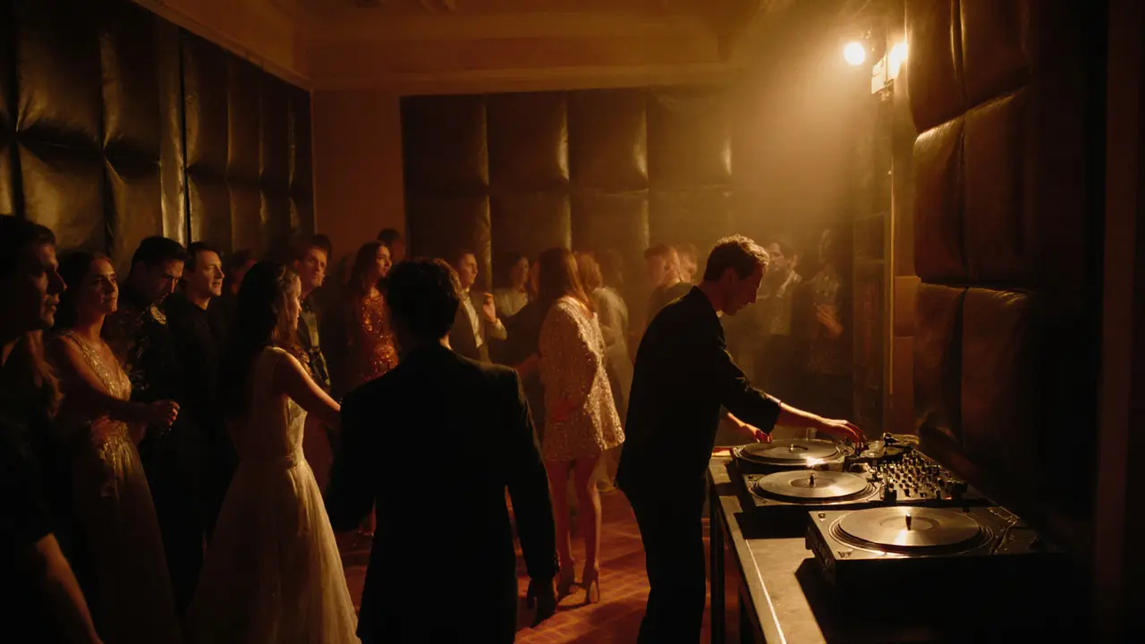 An intimate dance floor with elegantly dressed guests moving to vinyl music in soft amber light.