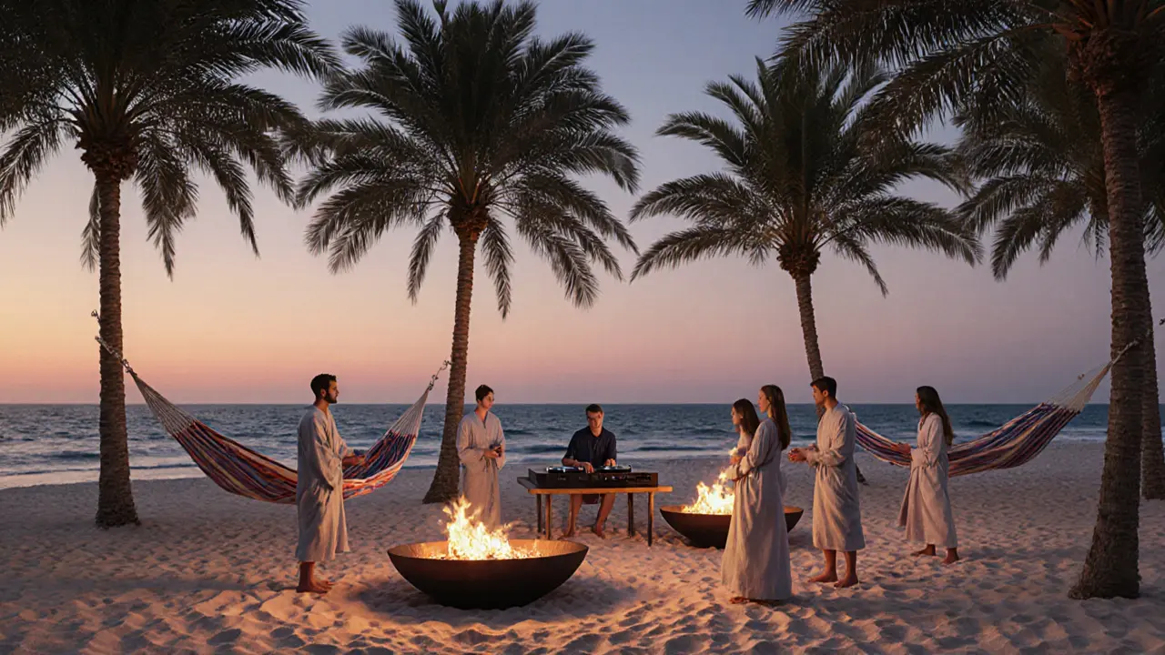 Beachside after-party at Cove Beach with fire pits, hammocks, and guests enjoying deep house music as sunrise approaches.