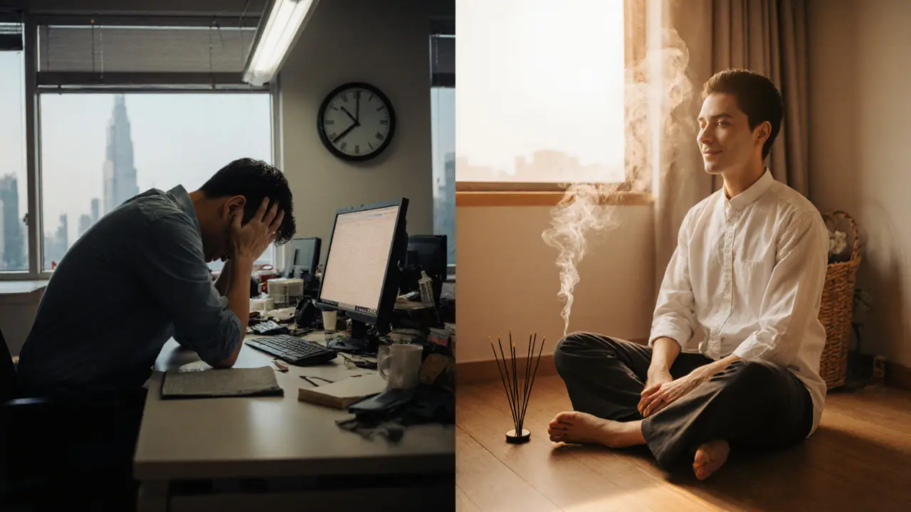 Before and after contrast: stressed office worker vs. calm person after Thai massage in serene setting