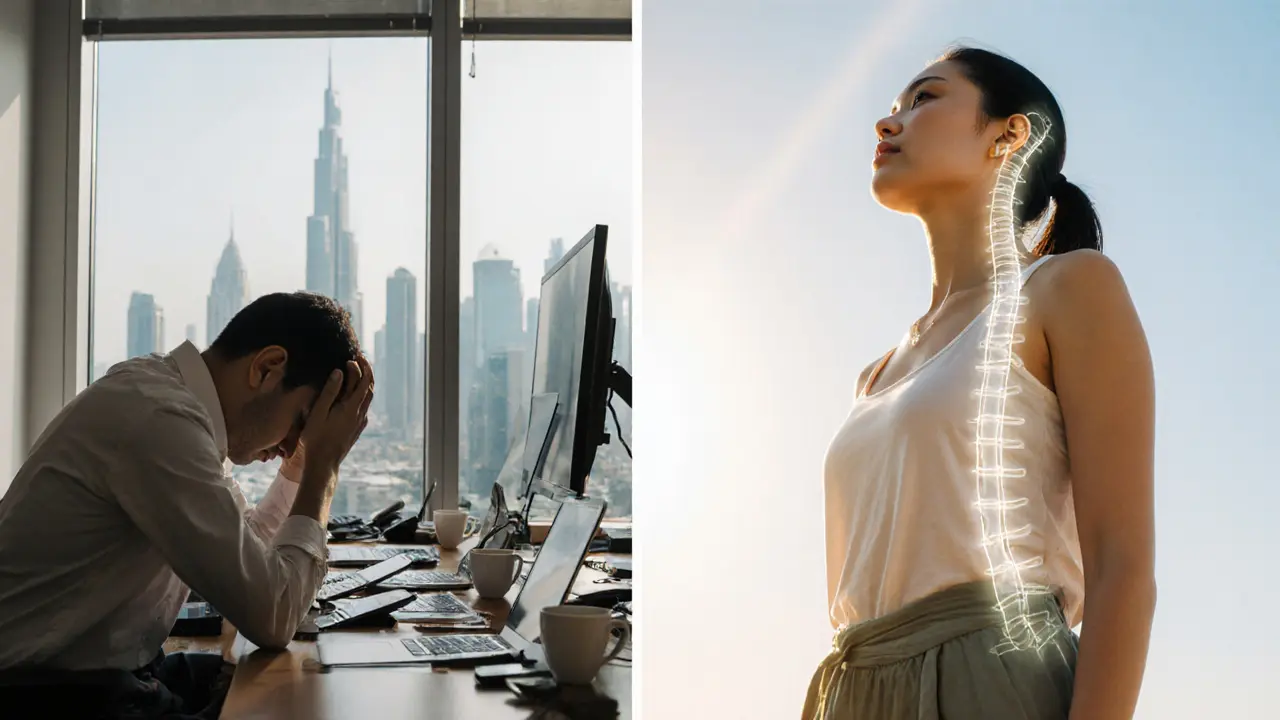 Before and after: slumped office worker transformed into relaxed, upright person after Thai massage.