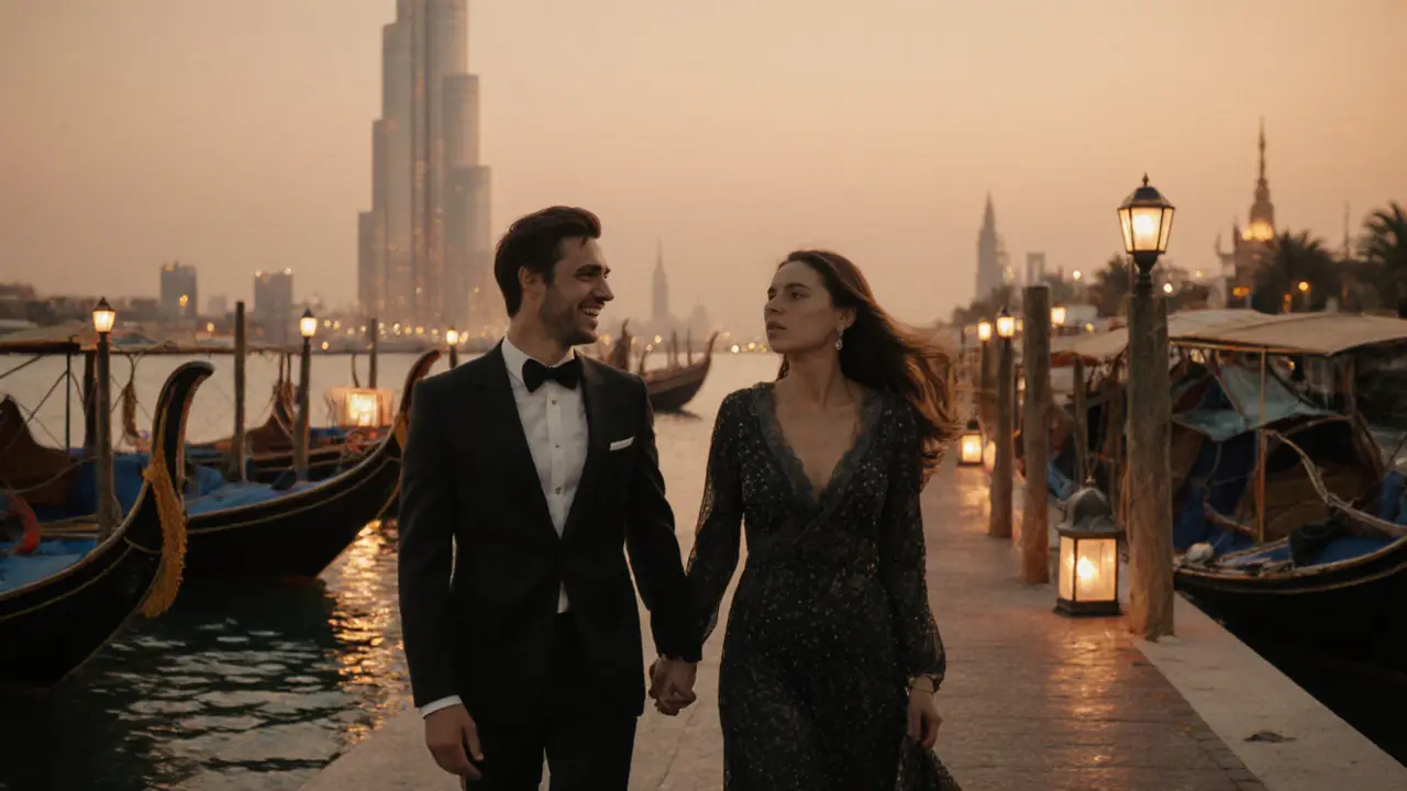 Couple walking along Dubai Creek at sunset with dhow boats in the background.