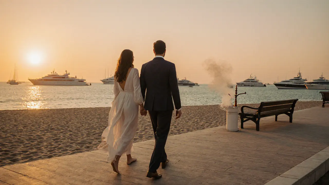 Couple walking peacefully along a beach boardwalk at sunset, distant yachts and shisha in the scene.