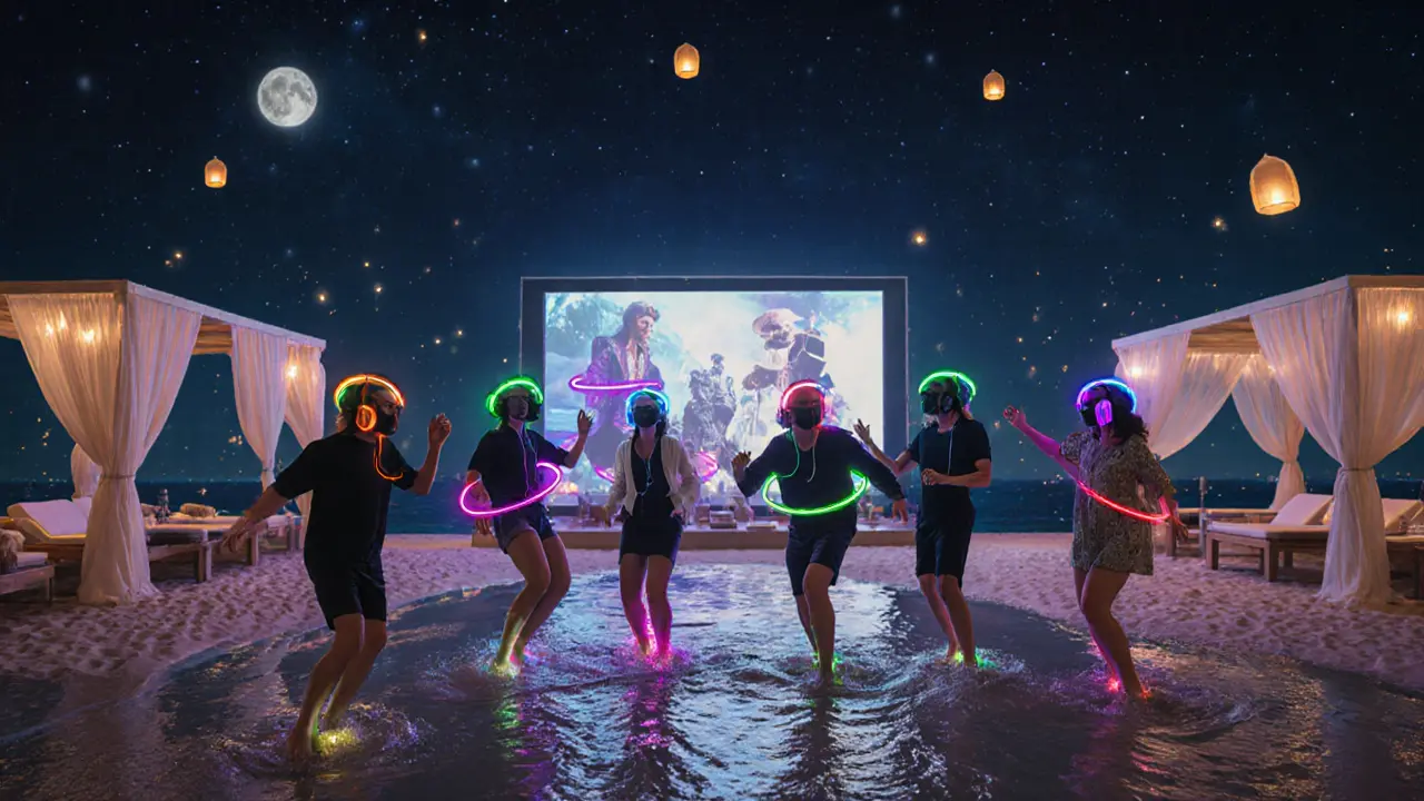 Crowd at a silent disco on a Dubai beach, each person lit by a colored halo, dancing in the tide under a starry sky with floating lanterns.