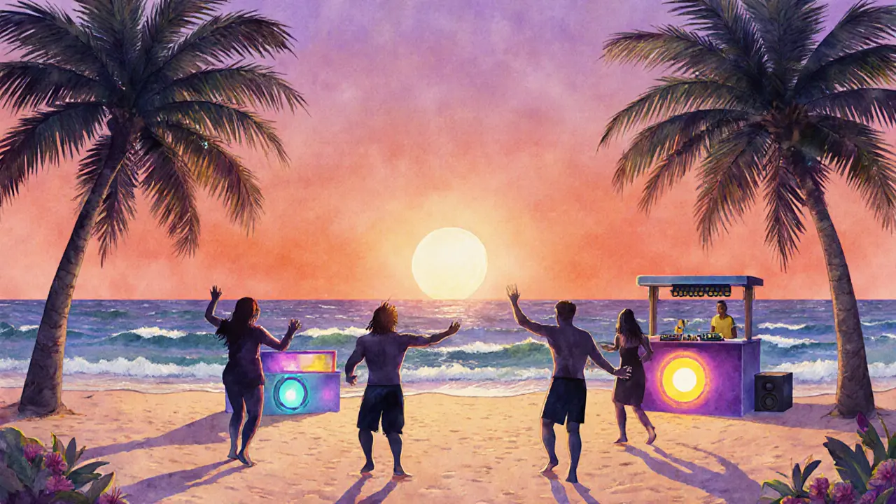 Dancers barefoot on a beach at sunset, ocean waves and palm trees under a colorful sky.