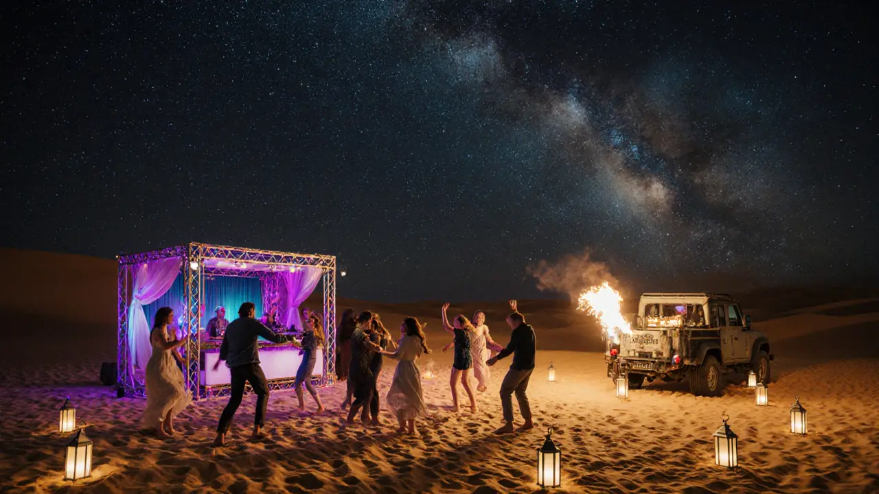 Desert rave under starry skies with dancers on dunes, lanterns, fire performers, and a DJ booth illuminated by LED lights.
