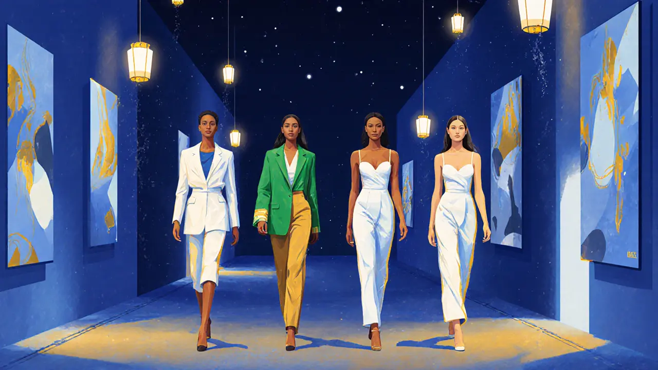 Diverse group of models walking through art district at night, illuminated by gallery lights and floating lanterns.