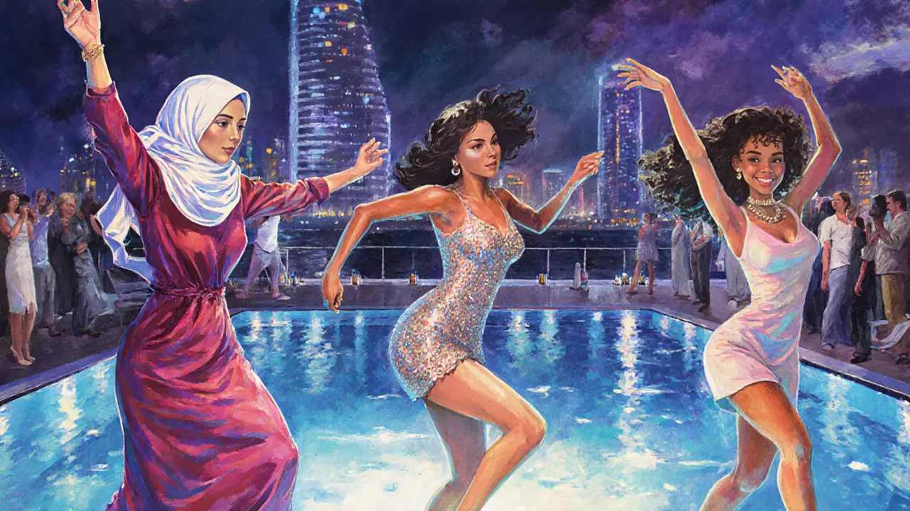 Diverse group of women dancing joyfully on a vibrant club floor with pool and city lights reflecting around them.