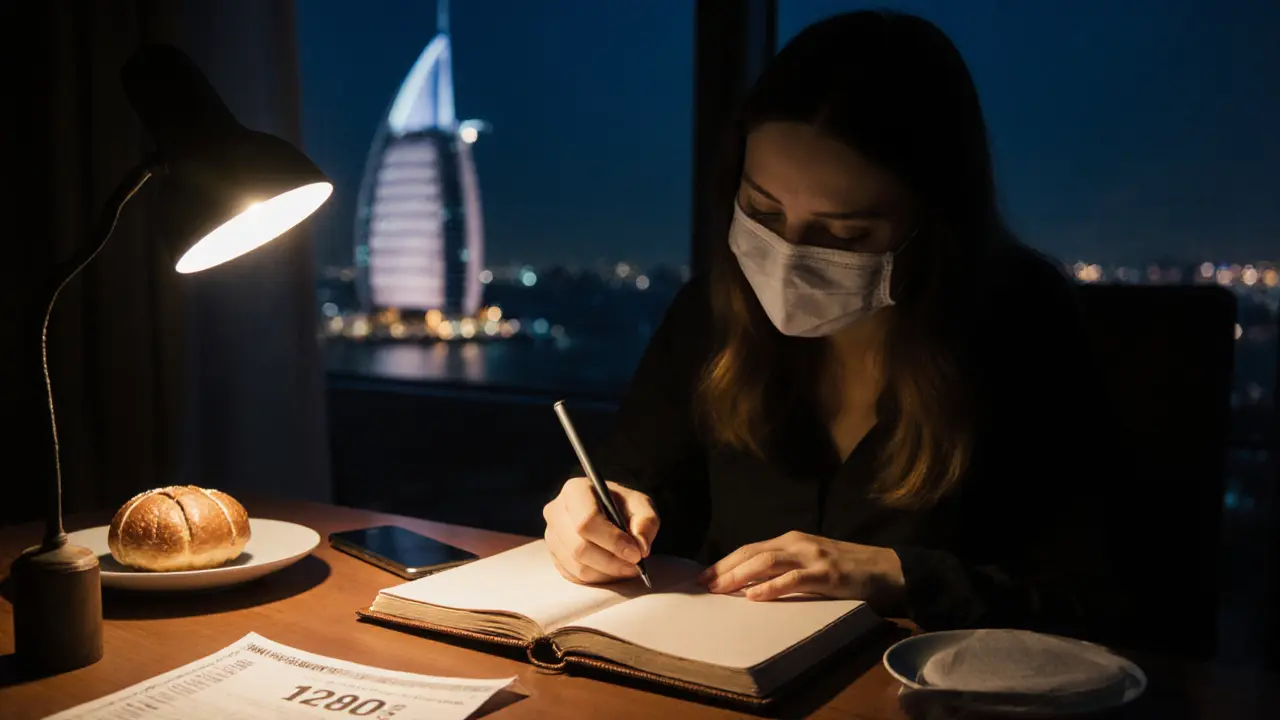 Hands writing in a notebook at night with bank statement, face mask, and cardamom bun nearby.