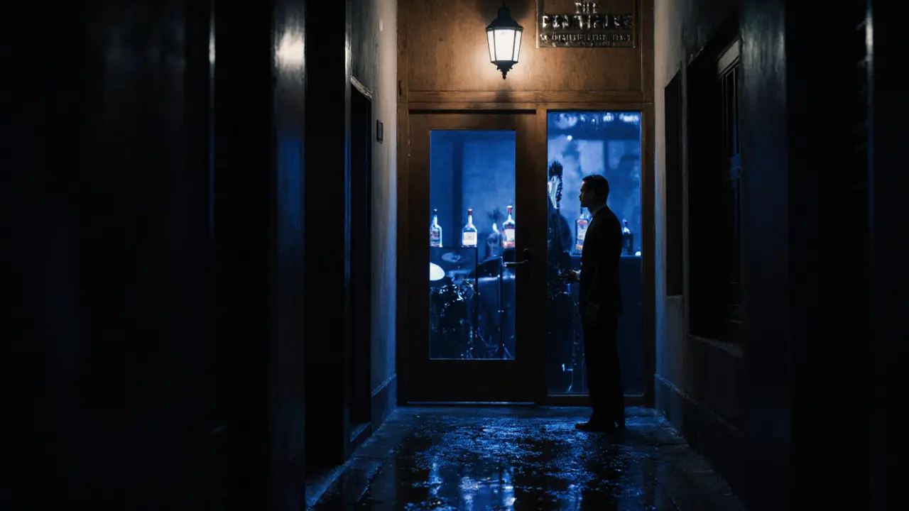Hidden entrance to a secret Dubai after-party venue at 4 AM, a lone figure approaching a lantern-lit door in a quiet alley.