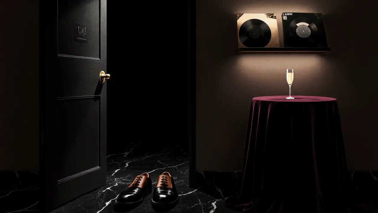 Hidden entrance to Level 43 club, minimalist and unmarked, with glowing vinyl records and a single champagne flute.