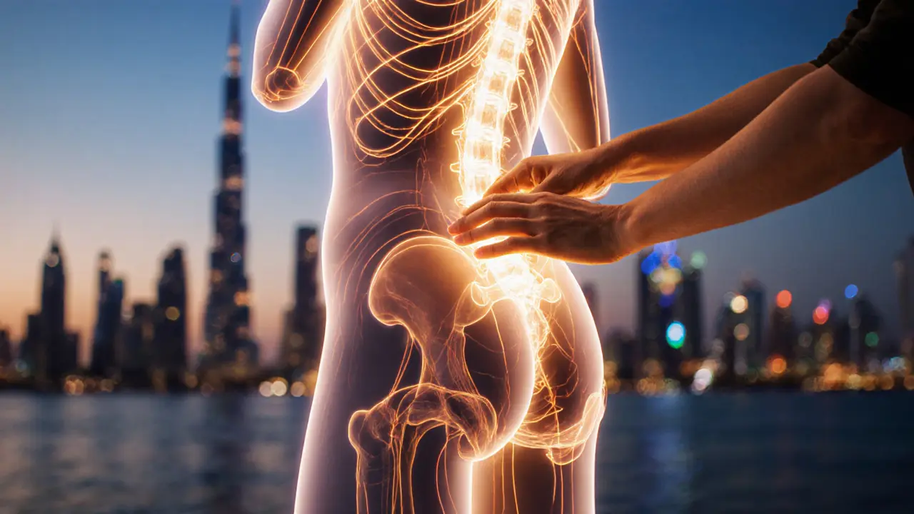 Human body with glowing energy lines being gently stretched by therapist&#039;s hands and feet against Dubai skyline.