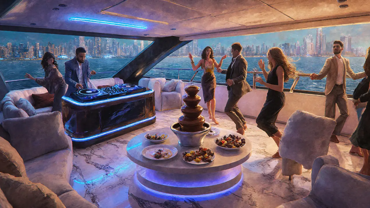 Interior of a yacht party with DJ, string lights, and guests dancing barefoot under ambient glow.