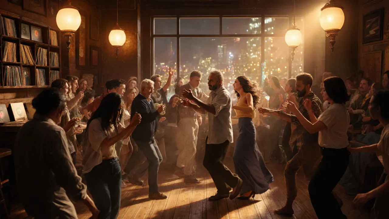 Intimate scene at Revolver club with diverse crowd dancing to soul music under warm vintage lights.