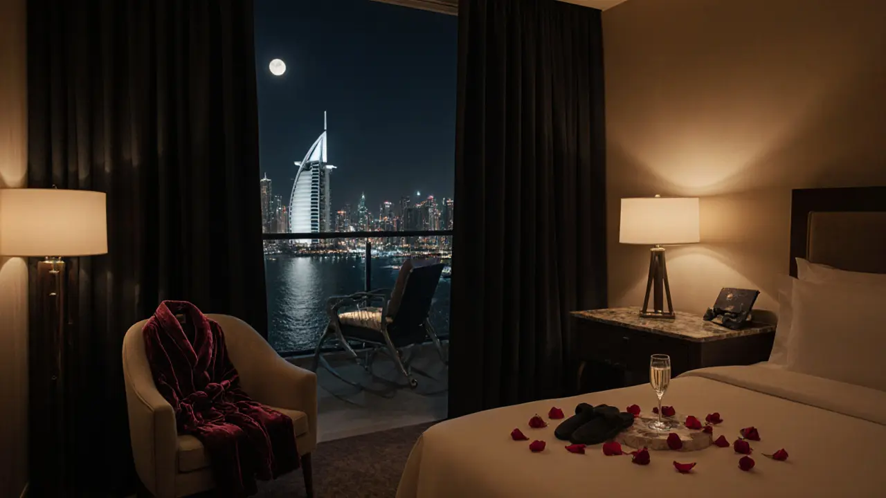 Luxury hotel suite in Burj Al Arab with champagne, rose petals, and moonlit balcony.