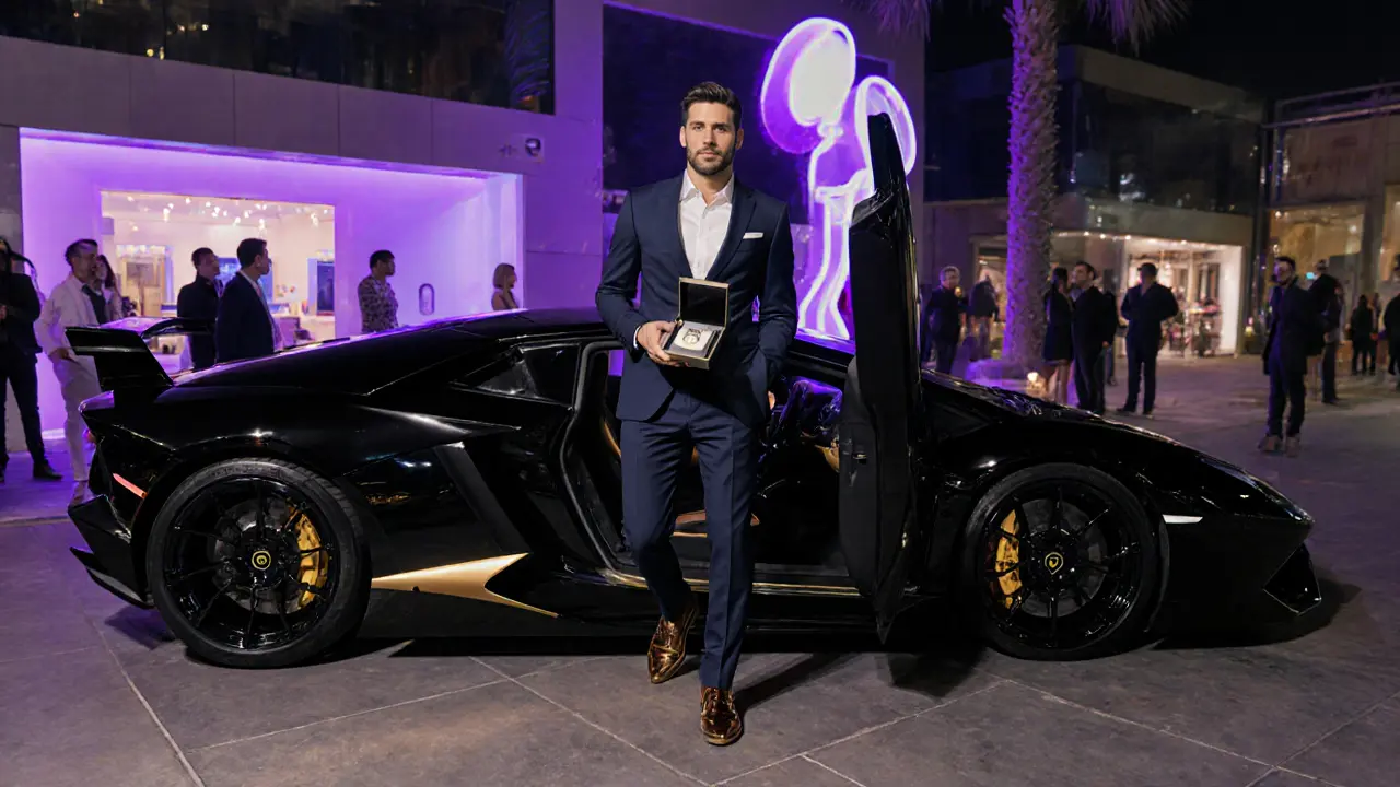 Male model exiting Lamborghini at Dubai Design District, wearing tailored suit, neon lights reflecting off his watch.