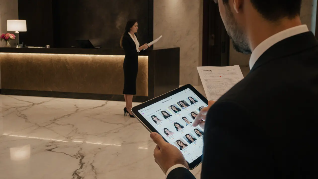 Man reviewing verified escort profiles on a tablet in a hotel lobby.