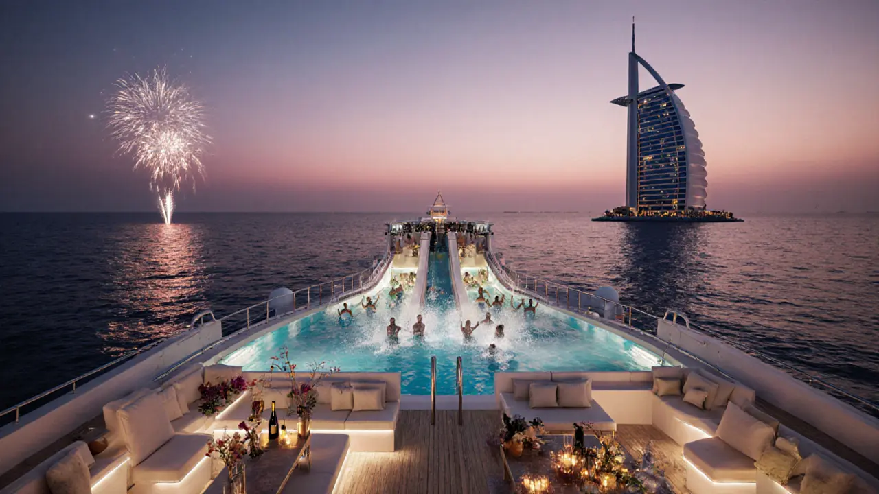 Mega yacht with water slide in twilight, Burj Al Arab silhouette against colorful sky.