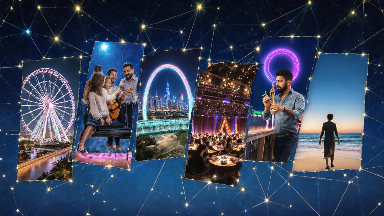 Mosaic of Dubai&#039;s five nightlife scenes connected by glowing threads, showing inclusivity across cultures and ages.