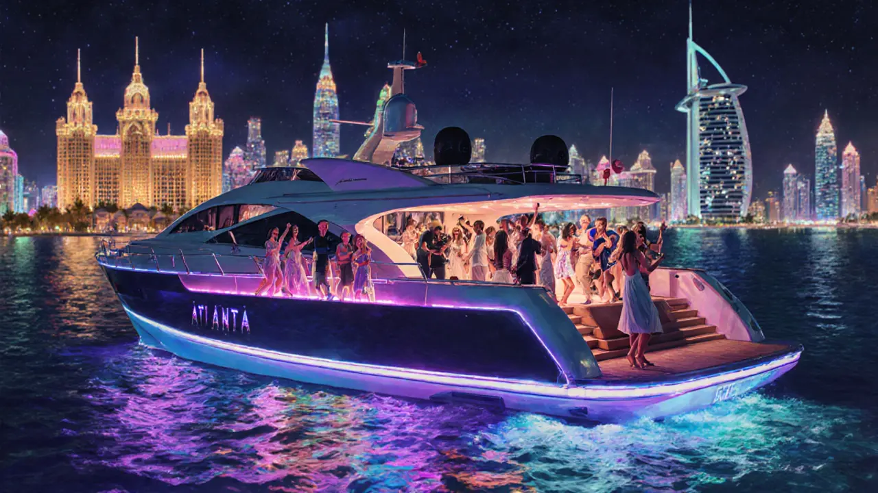 Nighttime yacht party with LED lights and dancing guests under the Dubai skyline.