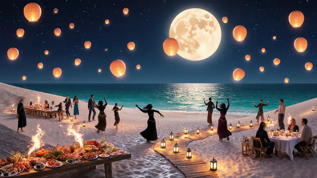 People dancing barefoot under a full moon at a Dubai beach party, surrounded by glowing lanterns and fire dancers along the shoreline.
