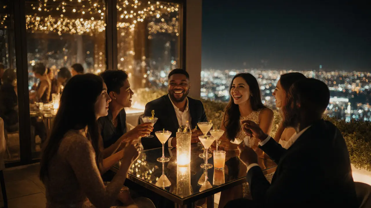 People socialize warmly at a luxurious Dubai rooftop bar, enjoying drinks and conversation under golden nighttime lights.