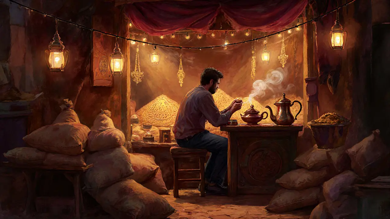 Quiet 2 AM scene in Deira&#039;s old souk with tea stall, spice sacks, and goldsmiths under warm lantern lights.