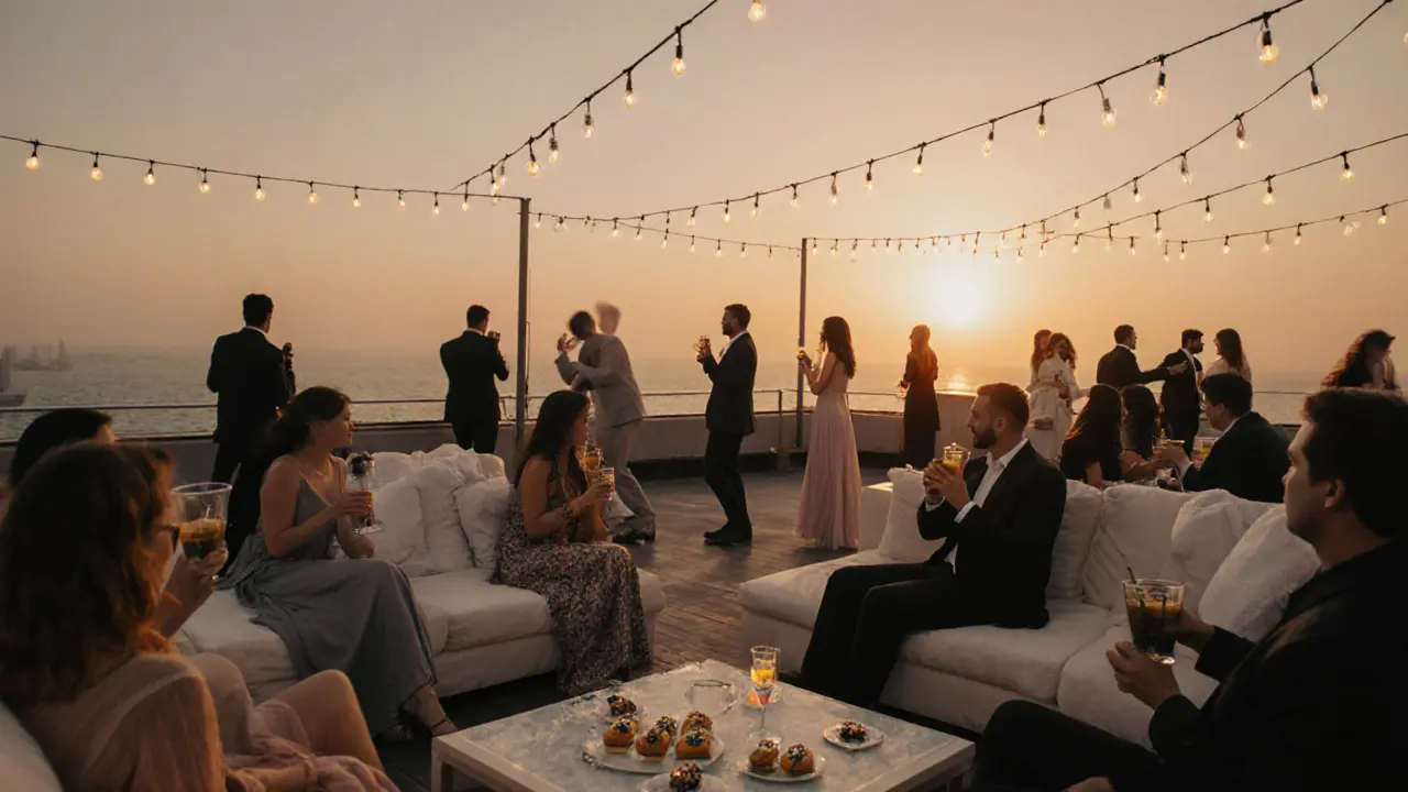 Rooftop lounge at Cielo Dubai at dusk, guests sipping cocktails under string lights with ocean views.