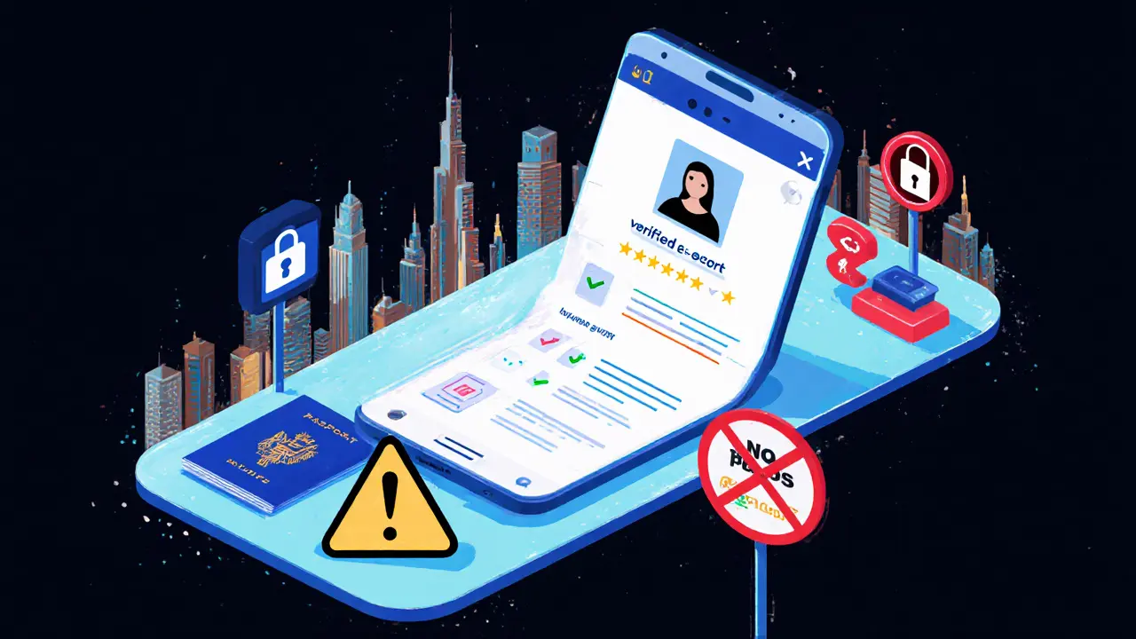Smartphone screen showing verified escort profile with safety symbols and Dubai skyline.
